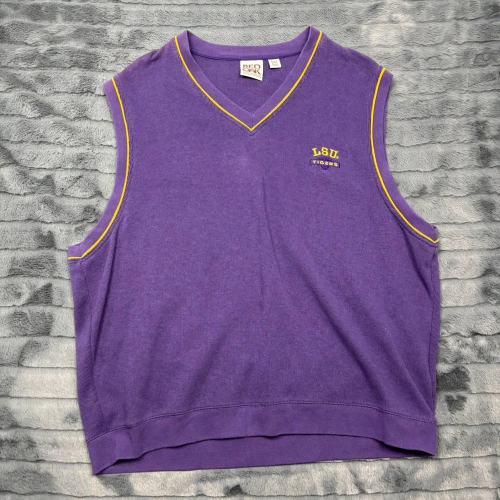 Vintage Red Oak LSU Tigers Sweater Vest Purple Gold V-Neck XXL 4100 Mens